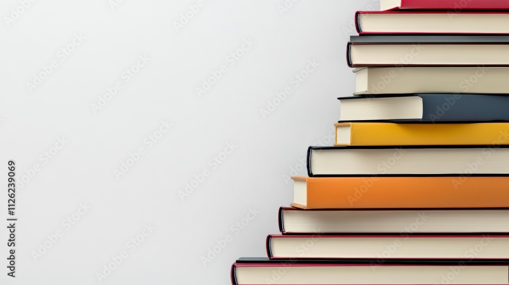 Poster stack of books with a white background. the books are of different sizes and colors. concept of know