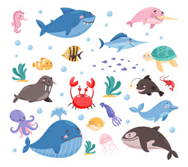 Sea Animal and Marine Underwater Swimming Creature Vector Set