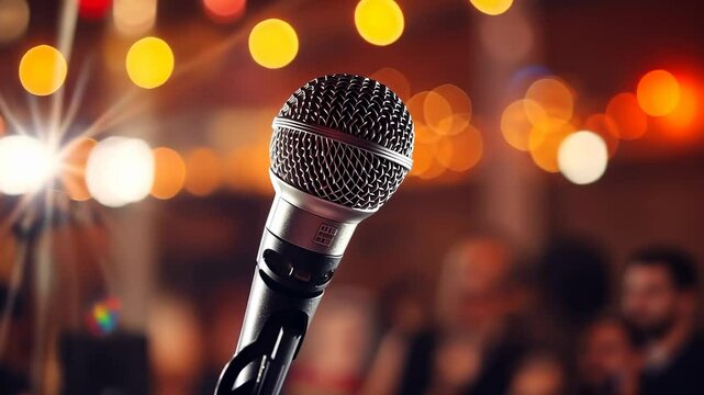 video of microphone on blurred stage background, singing, concert, performance, music, vocal, talent show, sound, speech, public speaking, speaker, sing song