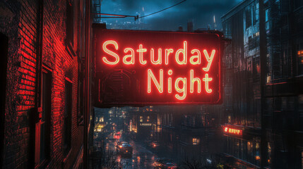 Neon saturday night sign in rainy city street at night