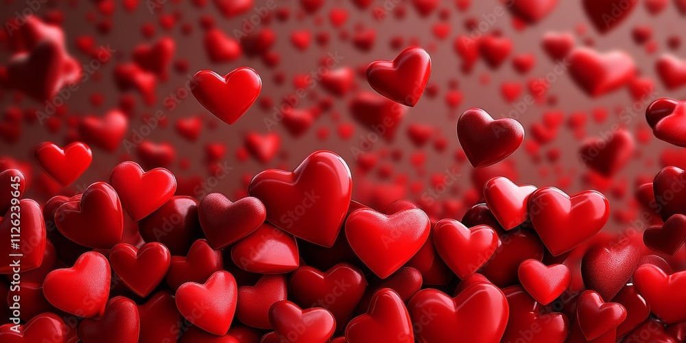 Poster red background with many red hearts scattered throughout. the hearts are of various sizes and are po