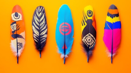 A group of colorful feathers with different designs and patterns