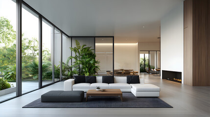 Modern urban jungle interior design, white sofa, black pillow, wooden table, lush greenery, minimalist wall, 3D render