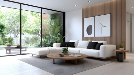 Modern urban jungle interior design, white sofa, black pillow, wooden table, lush greenery, minimalist wall, 3D render
