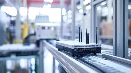 A detailed shot of a compact wireless 5G modem connected to an edge computing device in a manufacturing facility. With this setup large volumes of data from various sensors