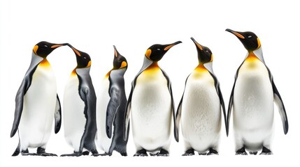 Fototapeta premium A Group of King Penguins Standing in a Row Against a White Background