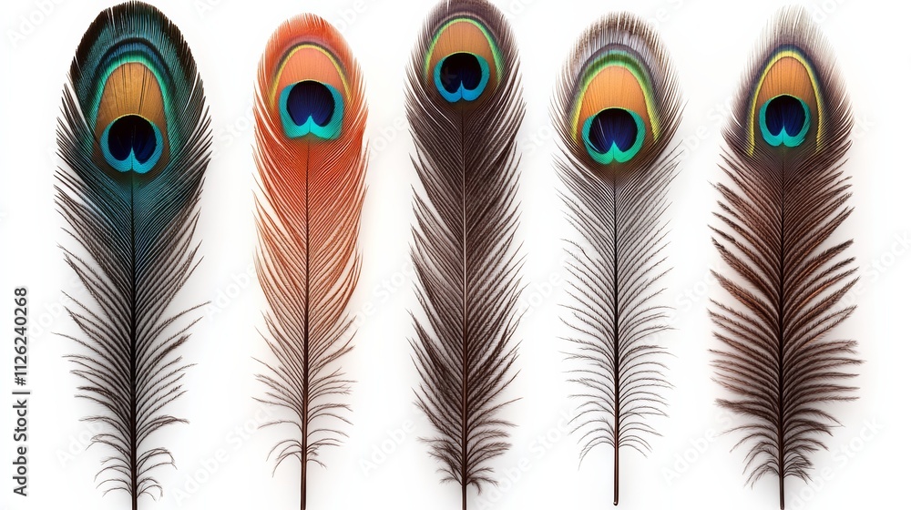 Poster five different colored peacock feathers, each with a unique pattern and color