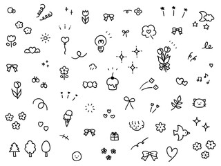 手書きの飾りイラストのベクターイラストセット。手描き、集中線、注目、星、ハート、リボン