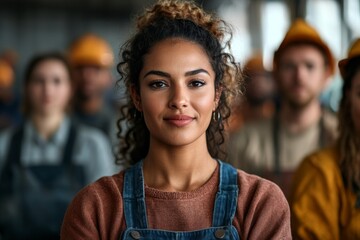 Fototapeta premium Confident Female Construction Worker Portrait with Team in Background