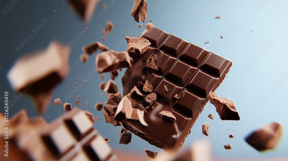 Poster chocolate bar is being smashed into pieces, creating a messy and chaotic scene. concept of destructi