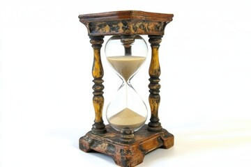 A classic hourglass with sand flowing through it isolated on a white background
