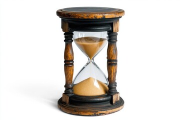 A classic hourglass with sand flowing through it isolated on a white background