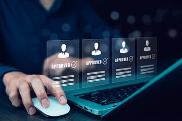 Businessman touching on document for online approve paperless quality assurance and ERP management...