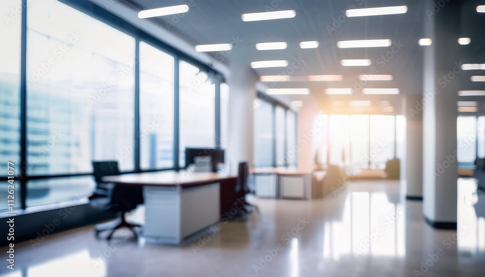 Poster blurred empty open space office. abstract light bokeh at office interior background
