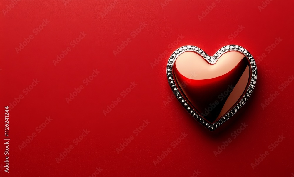 Poster red heart with a gold border sits on a red background. the heart is surrounded by a shiny, glittery 