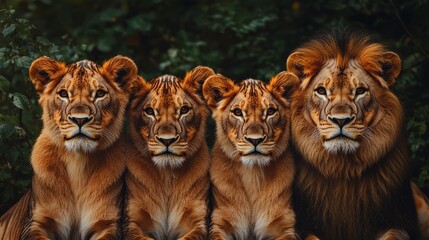 A majestic lion and three playful cubs pose together, showcasing their striking features and the beauty of family bonds in the wild.