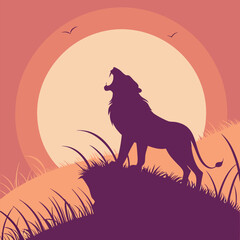 Roaring Lion Silhouette at Sunset on a Hill