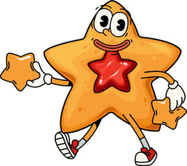 Funny groovy star cookie dessert character wearing sneakers, carrying small twinkles with cheerful and expressive face. Cartoon vector shortbread bakery retro food personage with jam and funny smile