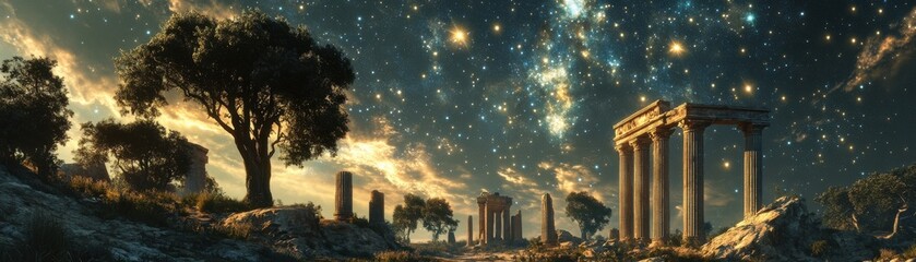 Obraz premium A stunning night landscape featuring ancient ruins and a starry sky, creating a mystical atmosphere filled with celestial beauty.