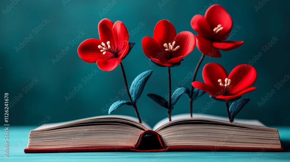 Poster book is open to a page with a picture of red flowers on it. the flowers are arranged in a way that t