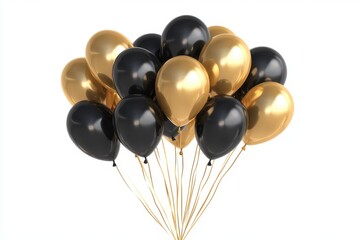 A cluster of helium filled balloons in black and gold tied together with golden strings
