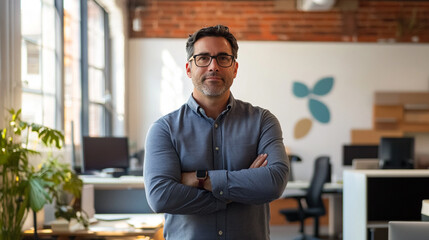 Confident businessman standing in modern office space with crossed arms, showcasing professionalism and leadership in a collaborative work environment