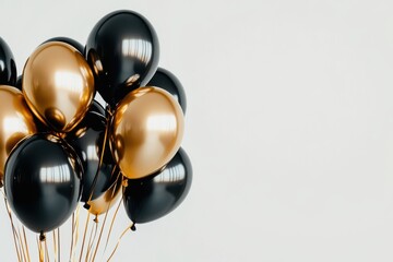 A cluster of helium filled balloons in black and gold tied together with golden strings