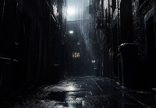 Fototapeta A dark alleyway in the city, with rain pouring down and light filtering through the buildings