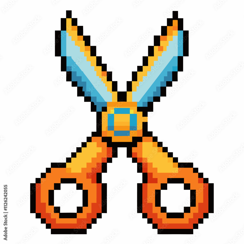 Poster pixel art scissors icon with orange handles retro 8 bit design