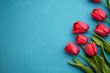 A blue background with a row of red tulips