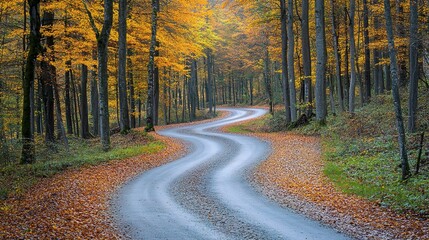 Obraz premium Winding Road Through Forest with Autumn Leaves and Scenic View