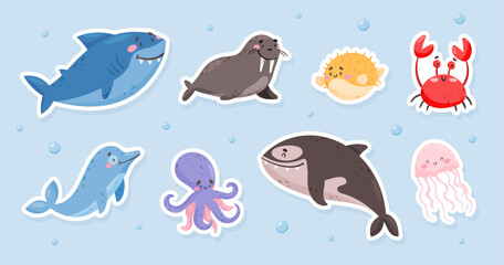 Sea Animal and Marine Underwater Swimming Cartoon Creature Vector Set