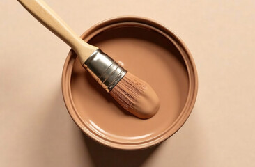 Can with Mocha mousse brown paint and brush on beige background