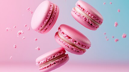 Obraz premium A close up of four pink macarons with a blue background