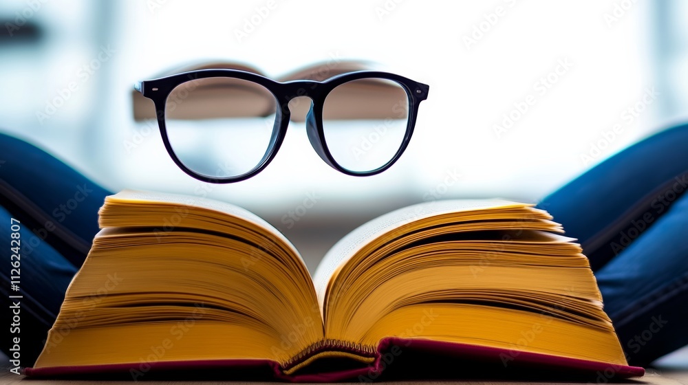 Poster book is open to a page with a pair of glasses on top of it. the glasses are floating in the air, and