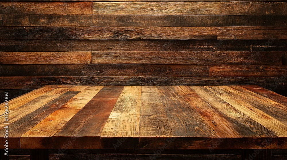 Poster selective focus on empty wooden table surface with wall background
