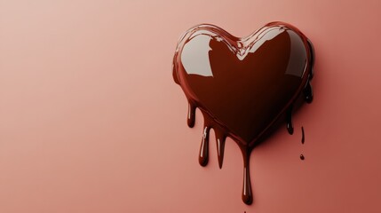 Chocolate heart with dripping chocolate on a pink background. Concept of love and warmth, as the chocolate heart is a symbol of affection and the dripping chocolate adds a touch of romance