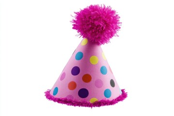A festive cone shaped party hat with colorful polka dots on a bright pink surface