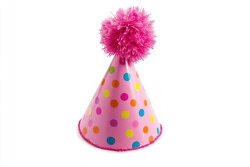 A festive cone shaped party hat with colorful polka dots on a bright pink surface
