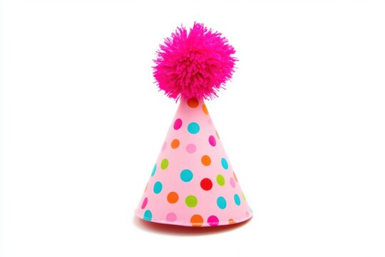 A festive cone shaped party hat with colorful polka dots on a bright pink surface