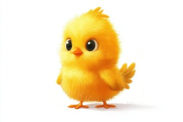 A fluffy yellow chick with small wings and a tiny orange beak