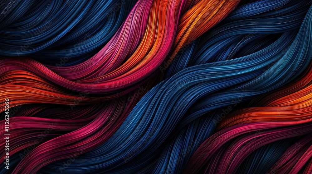 Poster a vibrant, abstract representation of flowing strands in rich hues of blue, red, and orange, creatin