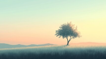 Obraz premium Solitary Tree Stands in Grassy Field at Sunset