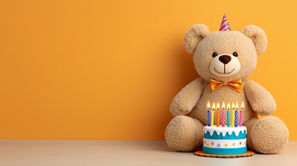 Cute Teddy Bear with Birthday Cake and Candles