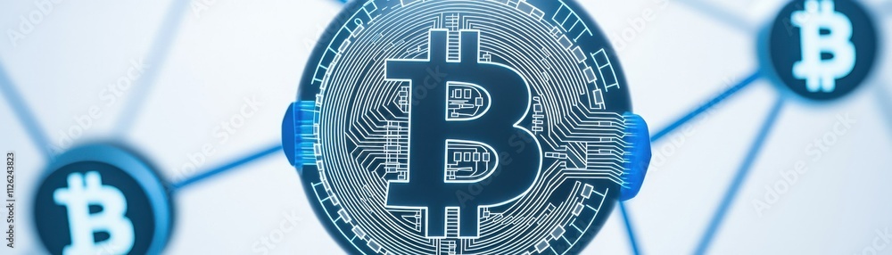 Poster a digital representation of a bitcoin symbol surrounded by a network of interconnected nodes, highli