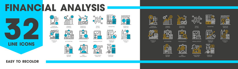 Line icons of financial analysis, accounting, tax revenue and budget. Business, investment and finance vector outline symbols with financial analysis report graphs, profit and risk assessments charts