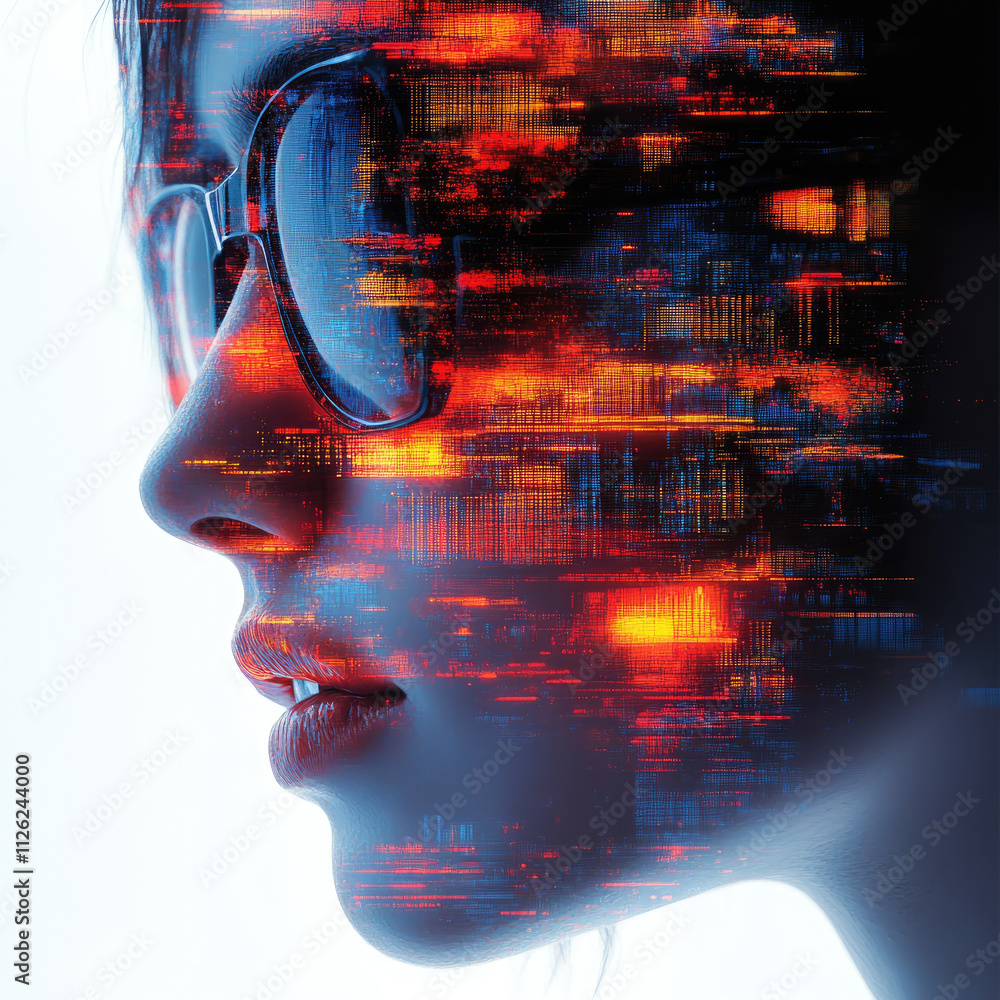 Poster a modern, digital abstract image with colorful, futuristic patterns overlaying a profile, blending t