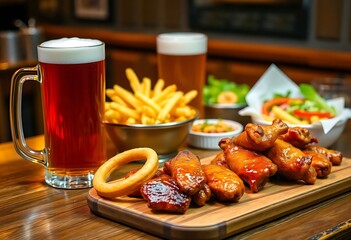 Beer Mugs Surrounded By Variety Of Dishes Including Fish Tacos, Calamari, Onion Rings, And Chicken Wings, Pub Atmosphere With Rustic Wooden Textures, Soft Lighting Highlights The Food And Drinks