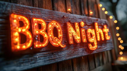 Warm glowing bbq night sign with festive lights outdoors
