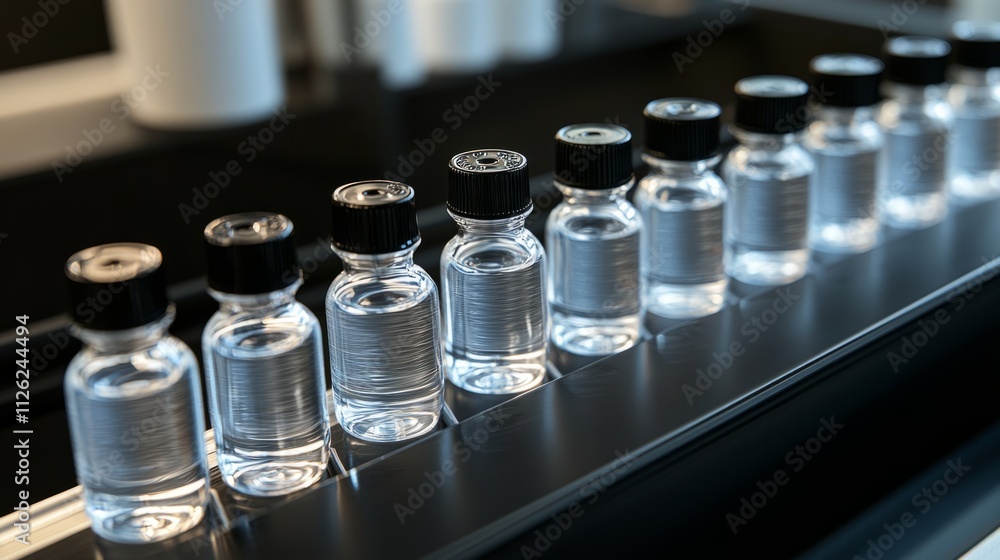 Poster clear dropper bottles sit in a neat row on a black surface, reflecting ambient light. their sleek de